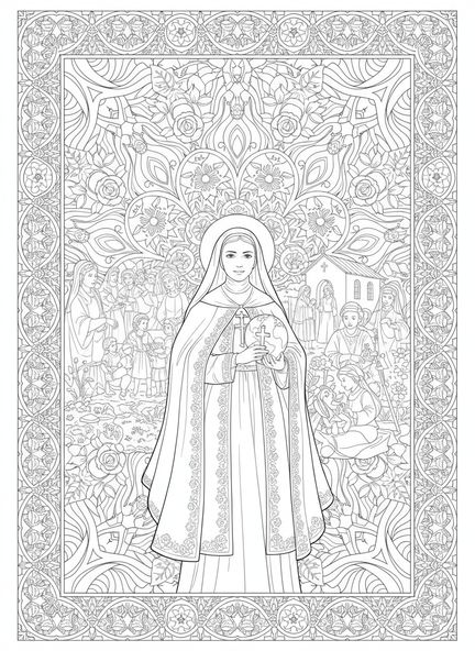 St. Franziska Cabrini steht in der Mission, Ausmalbild von St. Franziska Cabrini für Erwachsene im Stil des Bibel-Journalings
