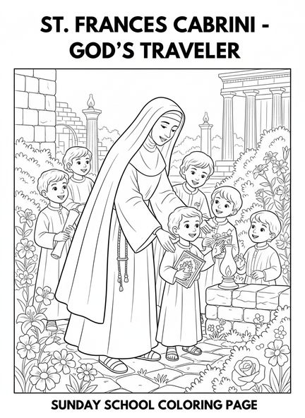 Hl. Francesca Cabrini hilft Kindern, Ausmalbild von Hl. Francesca Cabrini für die Sonntagsschule für Kinder im Alter von 5-12 Jahren.