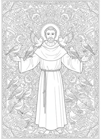 São Francisco pregando para os pássaros, página para colorir de São Francisco de Assis no estilo de journaling bíblico para adultos.