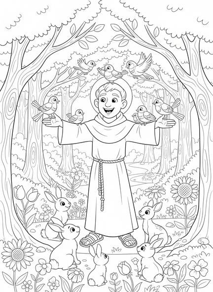 Saint François avec des animaux, page à colorier Saint François d'Assise pour les enfants de 5 à 10 ans