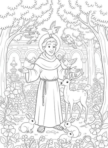 São Francisco rodeado por animais, página de colorir de São Francisco de Assis para crianças da Escola Dominical de 5 a 12 anos.