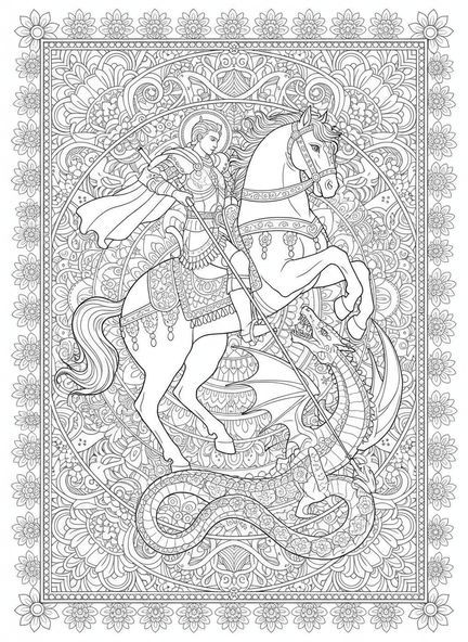 Saint Georges en armure, page à colorier Saint Georges pour adultes dans le style du journal biblique.
