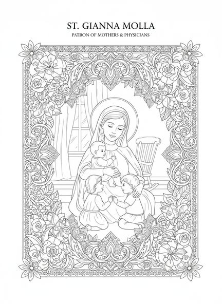 Sainte Gianna Molla s'occupant des enfants, page à colorier Sainte Gianna Molla pour adultes dans un style de journal biblique