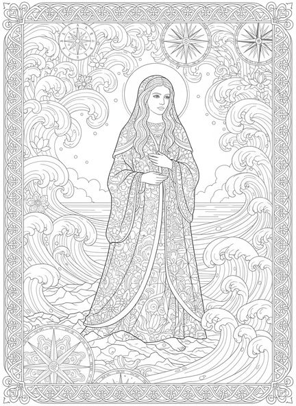 Sainte Hélène au bord de la mer, page à colorier Sainte Hélène pour adultes dans le style du journal biblique