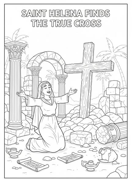 Sainte Hélène avec des rouleaux anciens, page à colorier Sainte Hélène pour les enfants de l'École du dimanche âgés de 5 à 12 ans.
