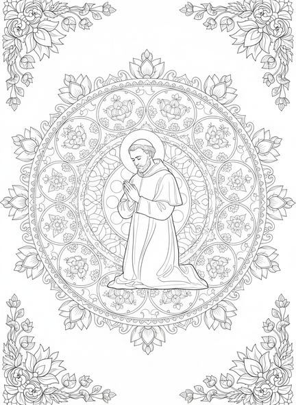 Der heilige Ignatius von Loyola beim Beten, Ausmalbild für Erwachsene im Stil des Bibel-Journaling