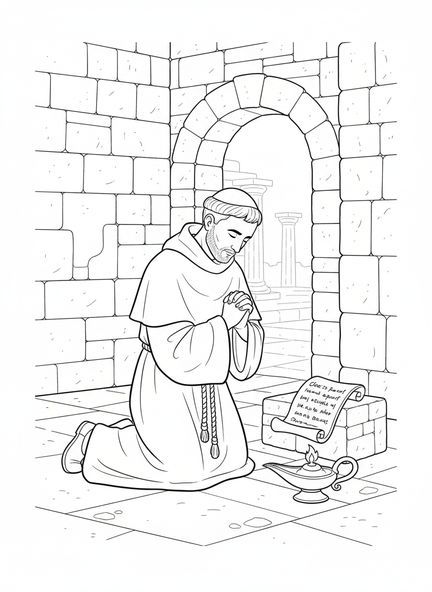 Der heilige Ignatius im Gebet, Ausmalbild von St. Ignatius Loyola für die Sonntagsschule für Kinder im Alter von 5-12 Jahren
