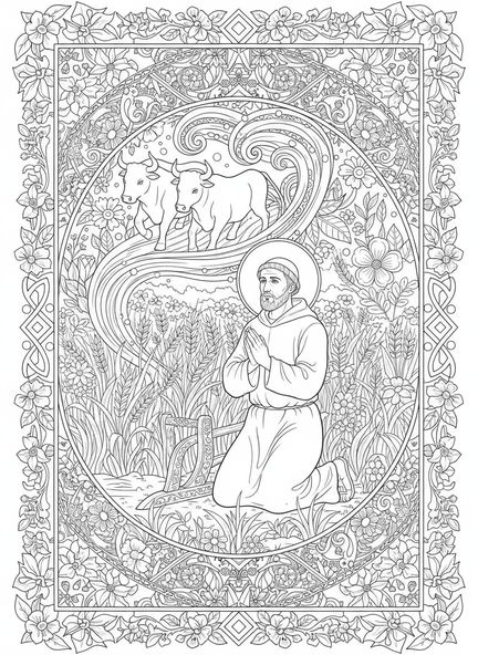 San Isidro de rodillas, página para colorear de San Isidro en estilo de journaling bíblico para adultos
