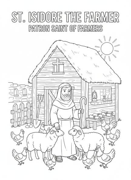Saint Isidore s'occupant des animaux de la ferme, page à colorier de Saint Isidore pour les enfants de l'École du dimanche âgés de 5 à 12 ans.