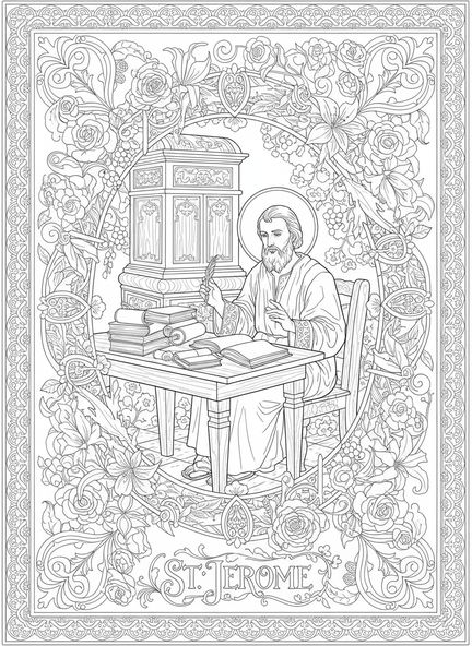 Święty Hieronim przy biurku, kolorowanka Świętego Hieronima dla dorosłych w stylu journalingu biblijnego
