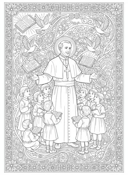 Saint Jean Bosco entouré d'enfants, page à colorier Saint Jean Bosco pour adultes dans un style de journal biblique.