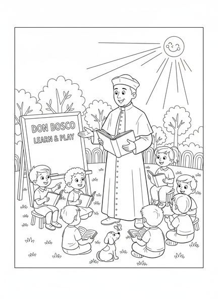 Saint Jean Bosco avec des enfants, page à colorier de Saint Jean Bosco pour les enfants de 5 à 10 ans.
