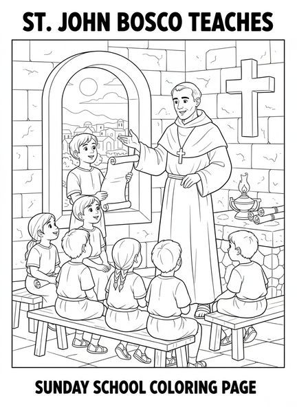 Saint Jean Bosco enseignant des enfants, page à colorier Saint Jean Bosco pour les enfants de l'École du dimanche âgés de 5 à 12 ans.