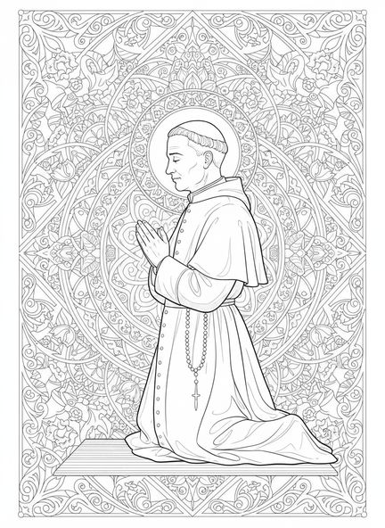 San Juan María Vianney arrodillado en oración, página para colorear de San Juan María Vianney para adultos en estilo de journaling bíblico