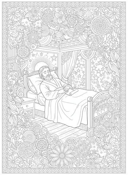 Saint Joseph en train de rêver, page à colorier Saint Joseph pour adultes dans un style de journal biblique.