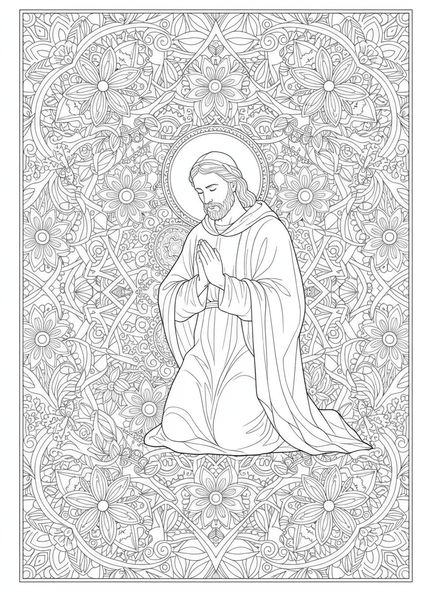 Saint Jude Thaddée en prière, page à colorier Saint Jude Thaddée pour adultes dans un style de journal biblique.