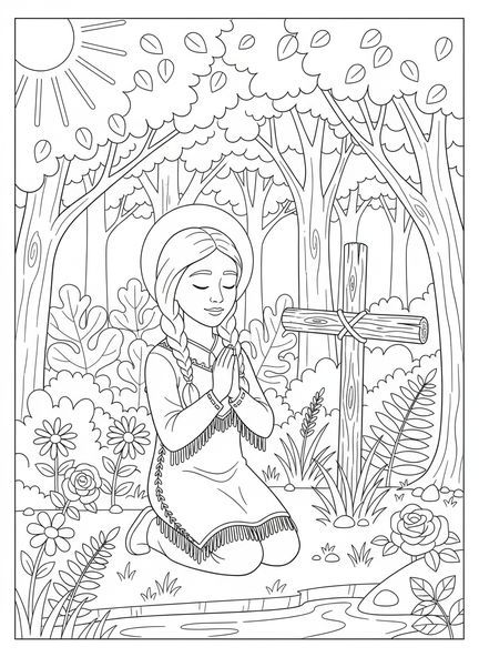Die heilige Kateri Tekakwitha im Gebet, Ausmalbild von St. Kateri für Kinder im Alter von 5-10 Jahren