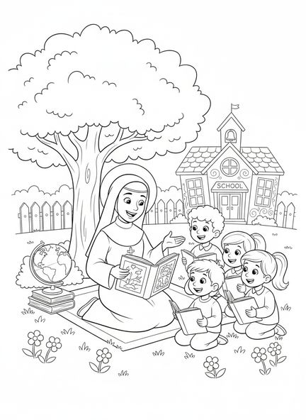 St. Katharina Drexel unterrichtet Kinder, Ausmalbild von St. Katharina Drexel für Kinder im Alter von 5-10 Jahren.