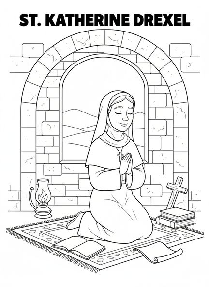 St. Katharina Drexel betet, Ausmalbild von St. Katharina Drexel für die Sonntagsschule für Kinder im Alter von 5-12 Jahren.