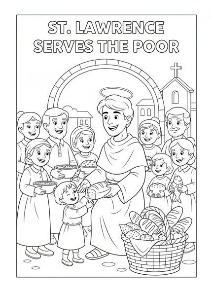 Saint Laurent servant de la nourriture, page à colorier Saint Laurent pour les enfants de 5 à 10 ans.