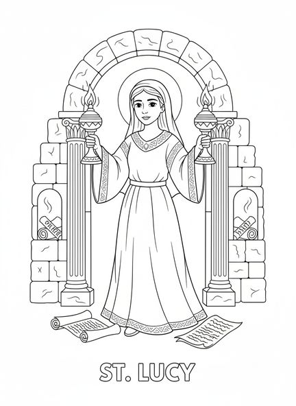 Sainte Lucie tenant des lampes à huile, page à colorier Sainte Lucie Lumière pour les enfants de l'École du dimanche âgés de 5 à 12 ans.