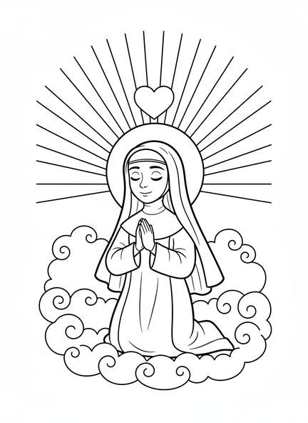 Santa Margarita María arrodillada en oración, página para colorear de Santa Margarita María para niños de 5 a 10 años.