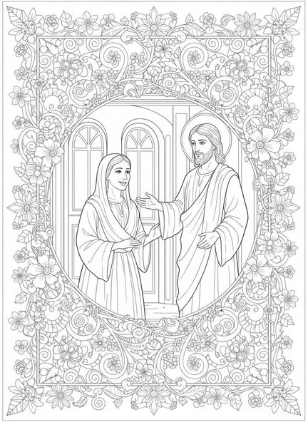 Sainte Marthe accueillant Jésus, page à colorier Sainte Marthe pour adultes dans un style de journal biblique.