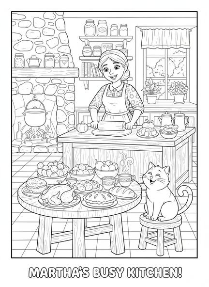 Martha cuisinant dans la cuisine, page à colorier de Sainte Marthe pour les enfants de 5 à 10 ans.