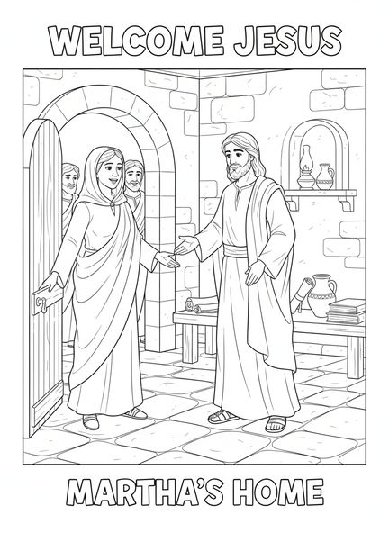 Martha invitant Jésus, page à colorier de Sainte Marthe pour les enfants de l'École du dimanche âgés de 5 à 12 ans