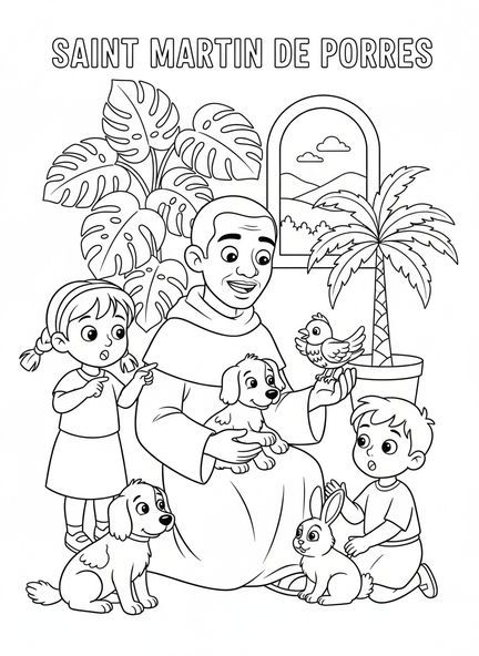 Saint Martin de Porres guérissant des animaux, page à colorier Saint Martin de Porres pour enfants de 5 à 10 ans