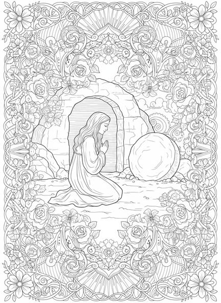 Sainte Marie Madeleine à genoux, page à colorier Sainte Marie Madeleine pour adultes dans le style du journal biblique.