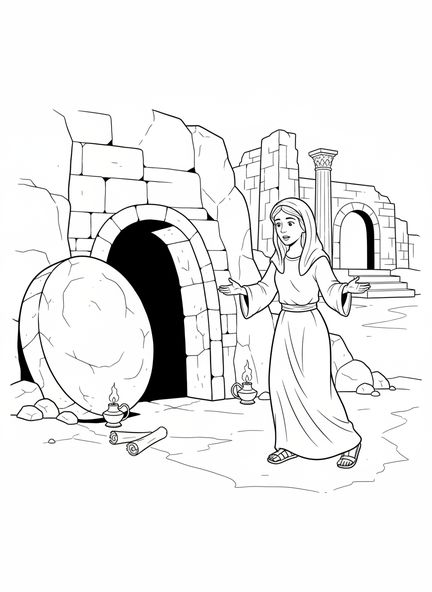 Marie Madeleine s'approchant du tombeau, page à colorier de Sainte Marie Madeleine pour les enfants de l'École du dimanche âgés de 5 à 12 ans.