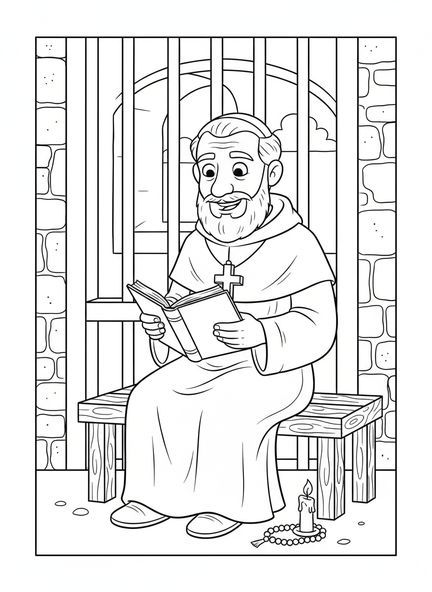San Maximiliano Kolbe en prisión, página para colorear de San Maximiliano Kolbe para niños de 5 a 10 años
