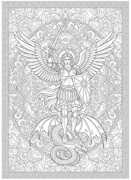 São Miguel derrotando um dragão, página de colorir de São Miguel para adultos no estilo de journaling bíblico