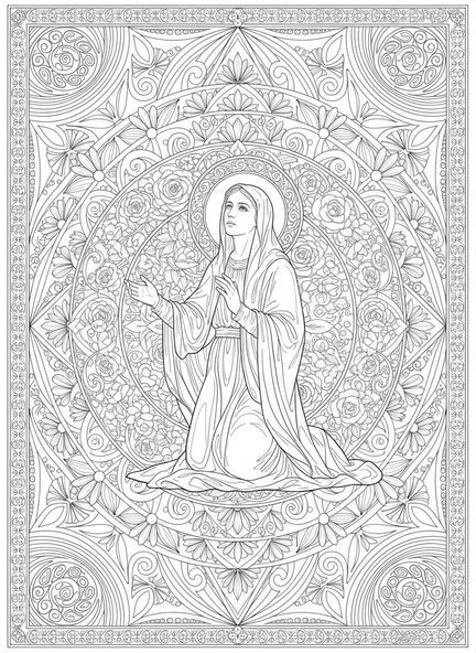 Sainte Monica en prière, page à colorier Sainte Monica pour adultes dans le style du journal biblique.