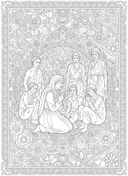 Sainte Mère Teresa à genoux, page à colorier Sainte Mère Teresa pour adultes dans un style de journal biblique.