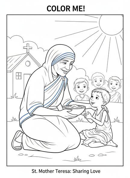 Sainte Mère Teresa à genoux, page à colorier de Sainte Mère Teresa pour les enfants de 5 à 10 ans