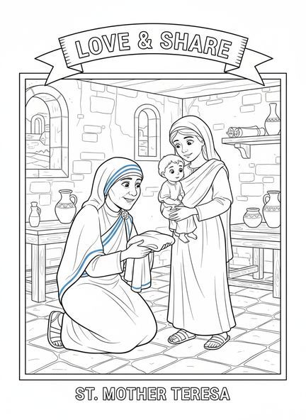 Santa Madre Teresa entregando roupas a uma mulher pobre, página de colorir da Santa Madre Teresa para crianças da Escola Dominical de 5 a 12 anos.