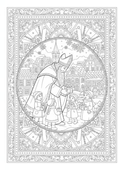 Saint Nicolas distribuant des cadeaux, page à colorier Saint Nicolas pour adultes dans un style de journal biblique
