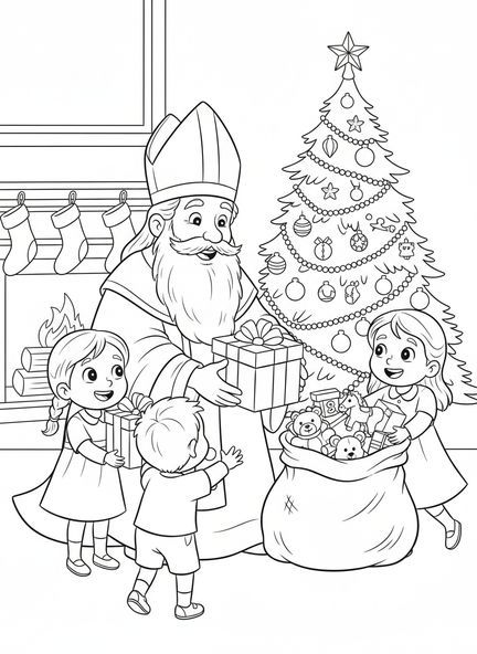 Saint Nicolas avec un sac de jouets, page à colorier Saint Nicolas pour enfants de 5 à 10 ans.