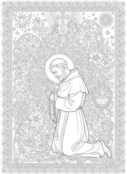 Saint Padre Pio en prière, page à colorier Saint Padre Pio pour adultes dans le style du journal biblique