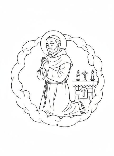 Saint Padre Pio à genoux, page à colorier de Saint Padre Pio pour les enfants de 5 à 10 ans