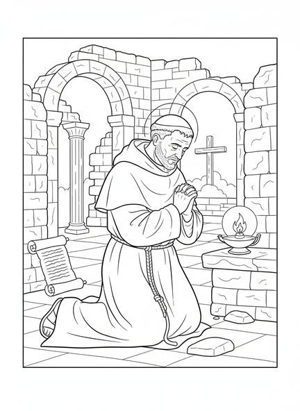 Saint Padre Pio en prière, page à colorier de Saint Padre Pio pour les enfants de l'École du dimanche âgés de 5 à 12 ans