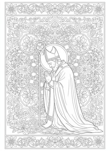 Der heilige Patrick im Gebet, Ausmalbild für Erwachsene im Stil des Bibeljournaling