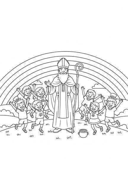 Saint Patrick avec des enfants, page à colorier Saint Patrick pour les enfants de 5 à 10 ans.