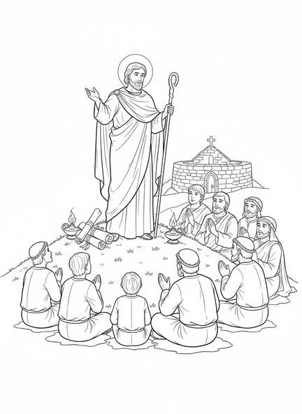 Saint Patrick prêchant, page à colorier Saint Patrick pour les enfants de l'École du dimanche âgés de 5 à 12 ans