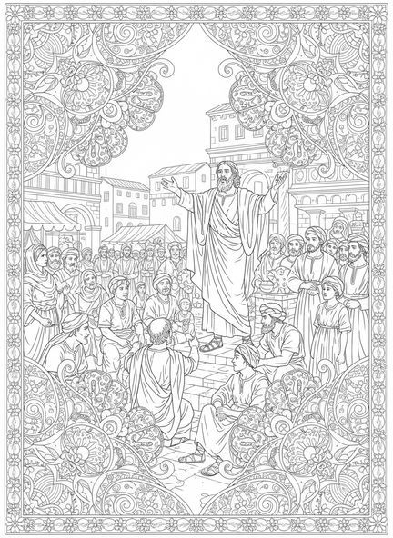 Saint Paul prêchant, page à colorier Saint Paul pour le journaling biblique pour adultes.