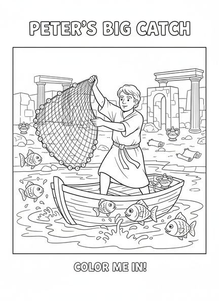 Petrus in einem Boot, Ausmalbild von St. Petrus für Kinder in der Sonntagsschule im Alter von 5-12 Jahren.