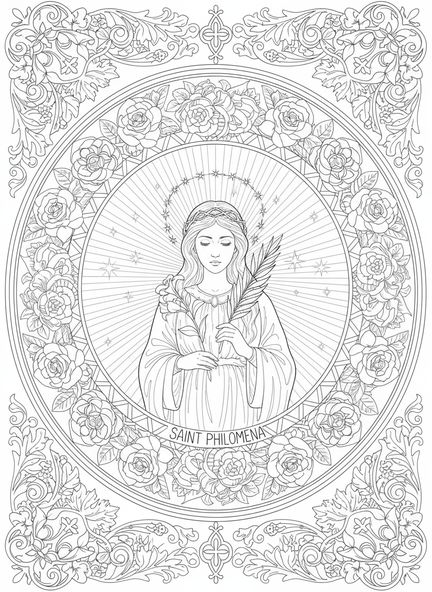 Sainte Philomène entourée d'étoiles, page à colorier de Sainte Philomène pour adultes dans un style de journal biblique.