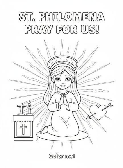 Sainte Philomène à genoux, page à colorier Sainte Philomène pour enfants de 5 à 10 ans